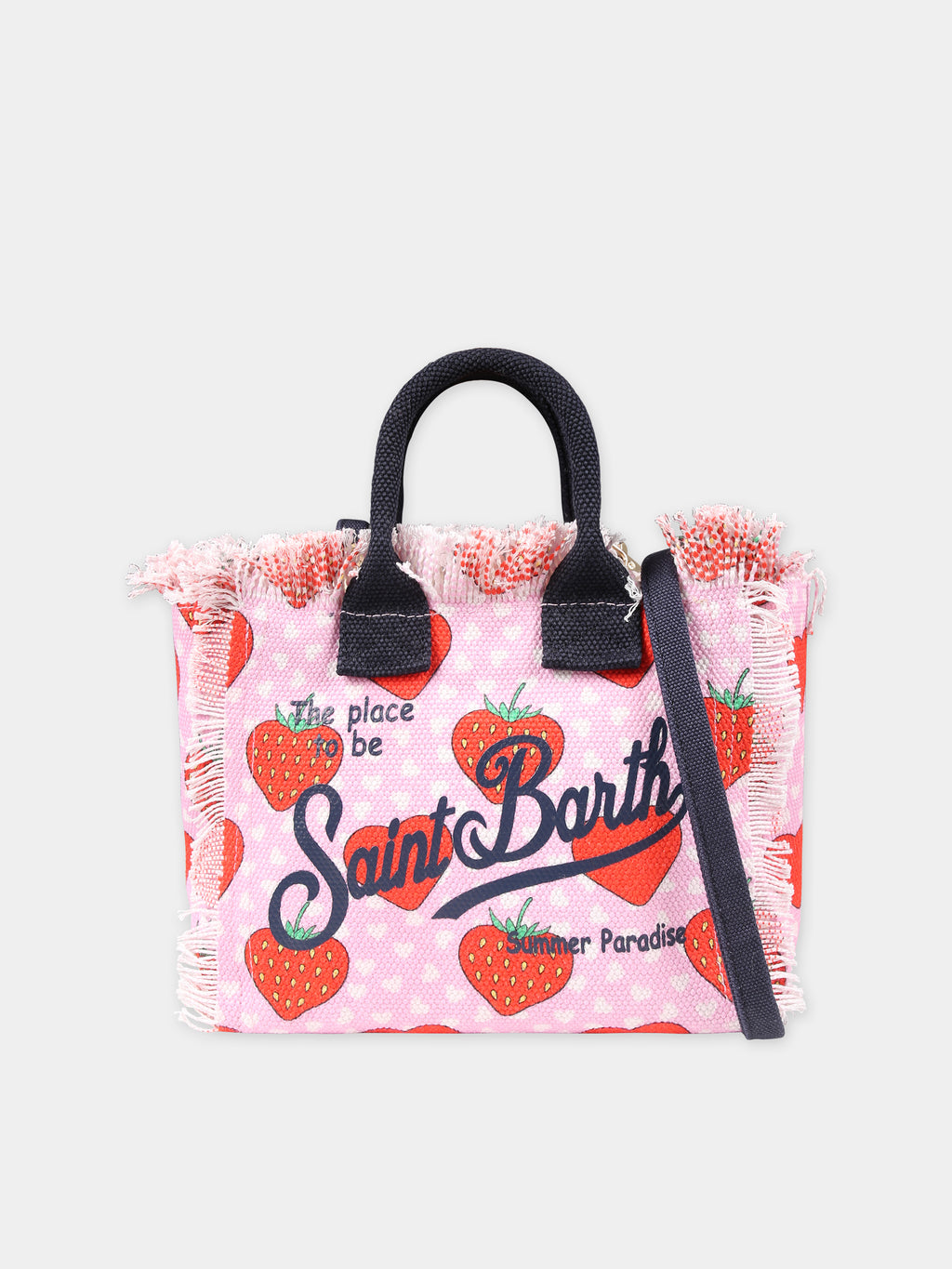 Pink bag for girl with strawberry print and logo